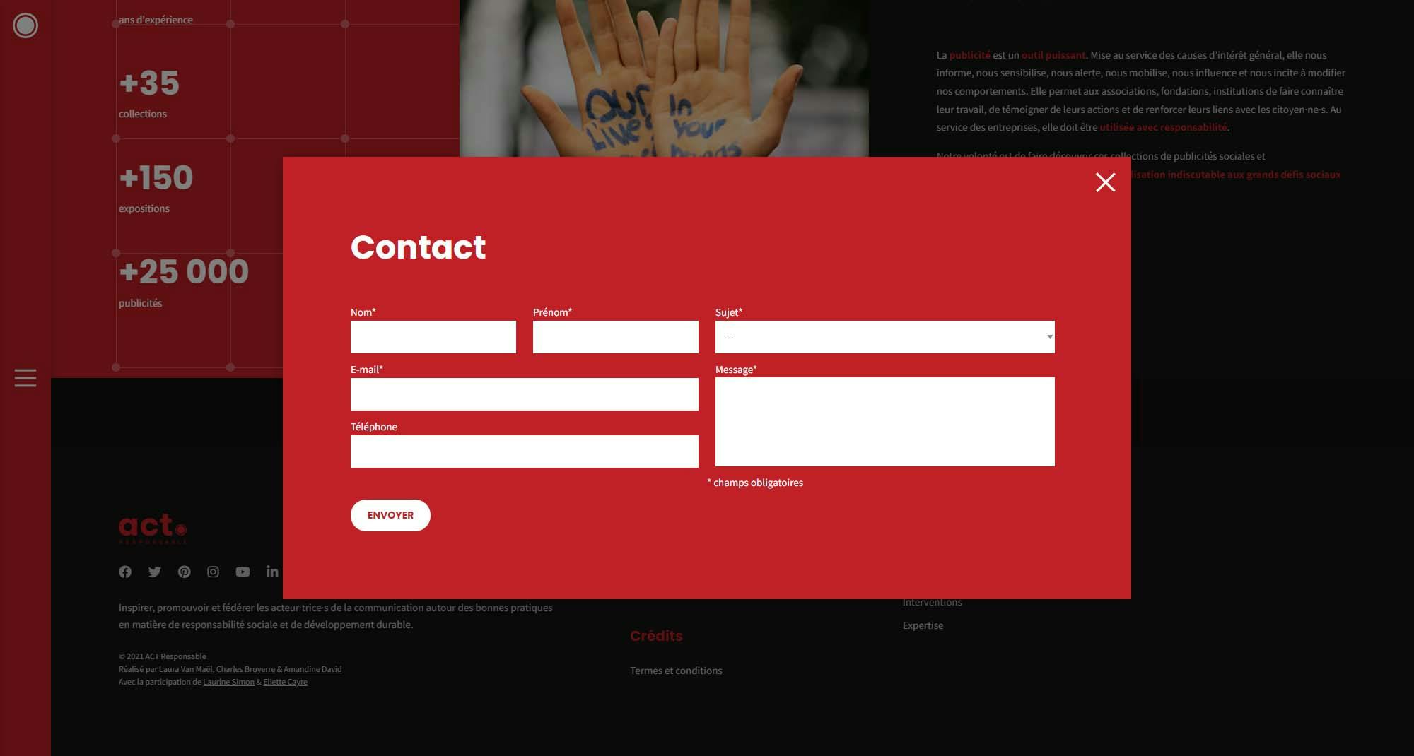 Capture d'écran du site web (Bloc Contact avec le thème sombre)